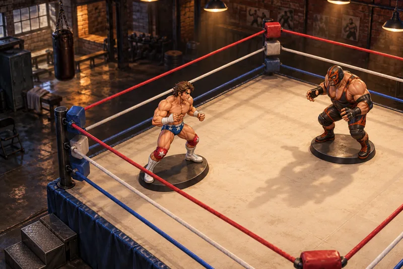 Two miniature wrestling figures in a worn neighborhood gym ring