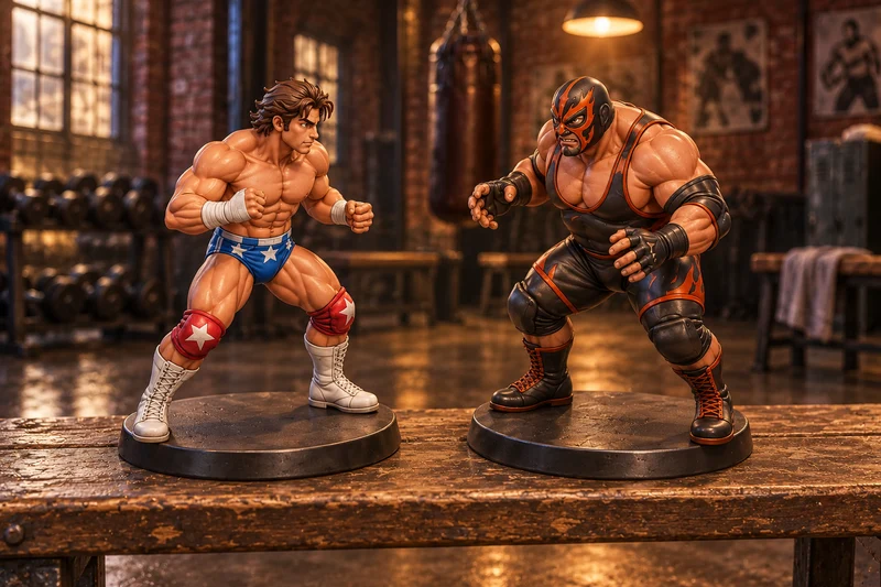 The same star-themed wrestler and masked heavyweight from the ring scene